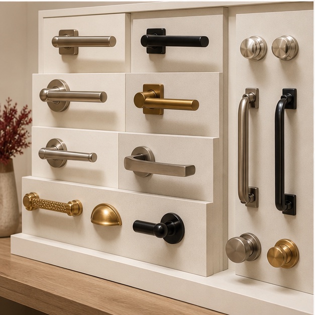 Representative display of door handles and practical hardware