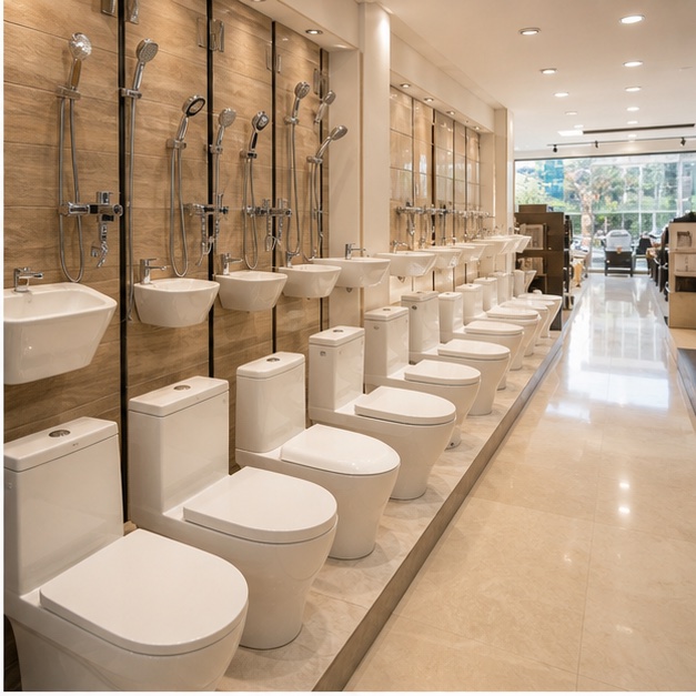 Representative sanitaryware aisle with toilets and wash basins